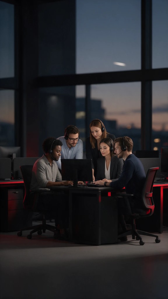 A dedicated HighGate support team of five, wearing headsets, gathered around one computer at a shared desk in a modern office at dusk.