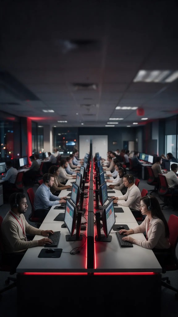 Rows of HighGate support agents with headsets working at shared desks with red-lit dividers across an open-plan office floor.